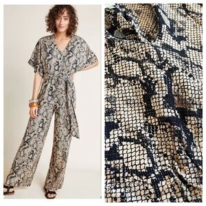 Anthropologie NO BELT Snake-Printed Jumpsuit flowing sleeves brown 6